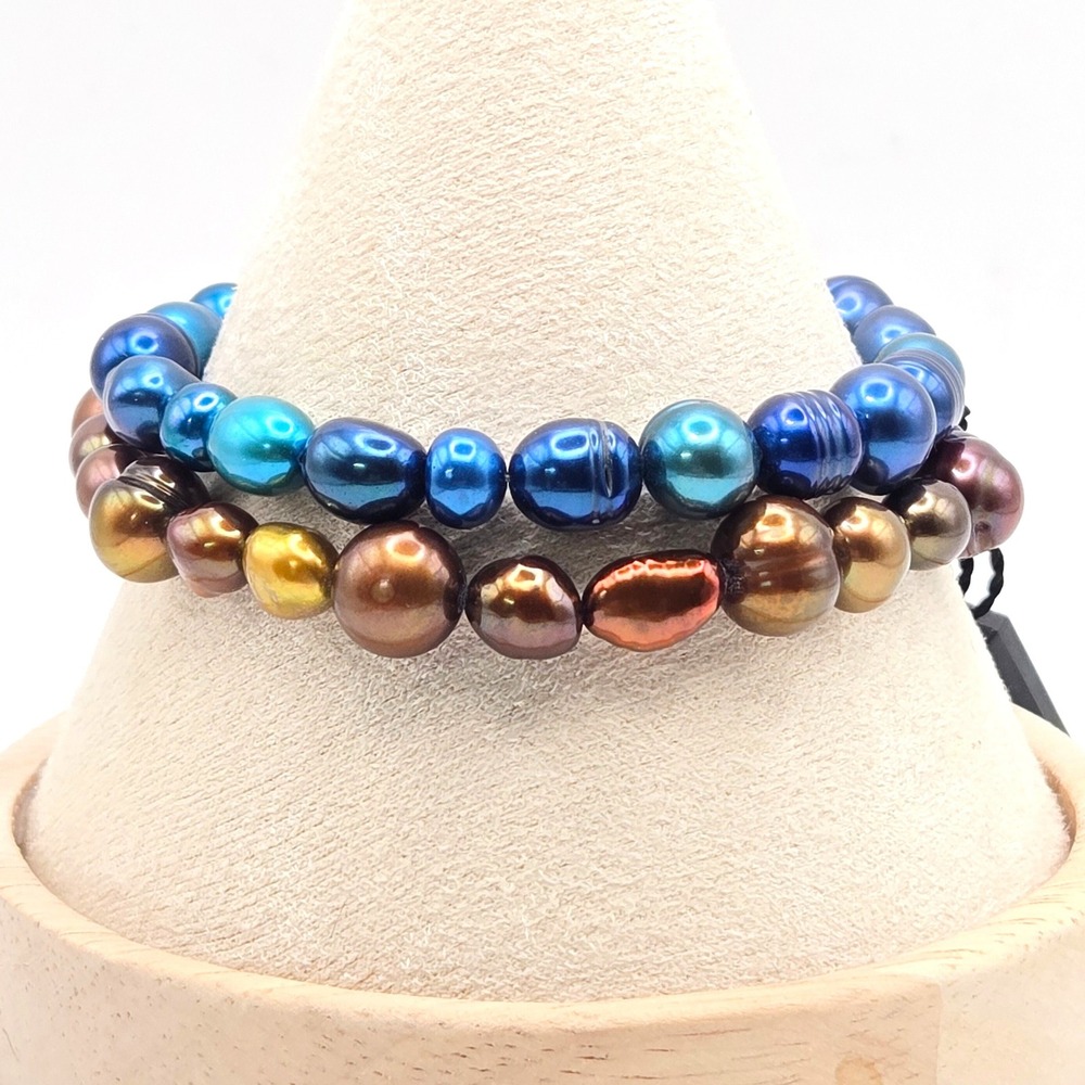 Honora Collection Baroque Freshwater Pearl Stretch Bracelet Set Blue Bronze 2pc‎